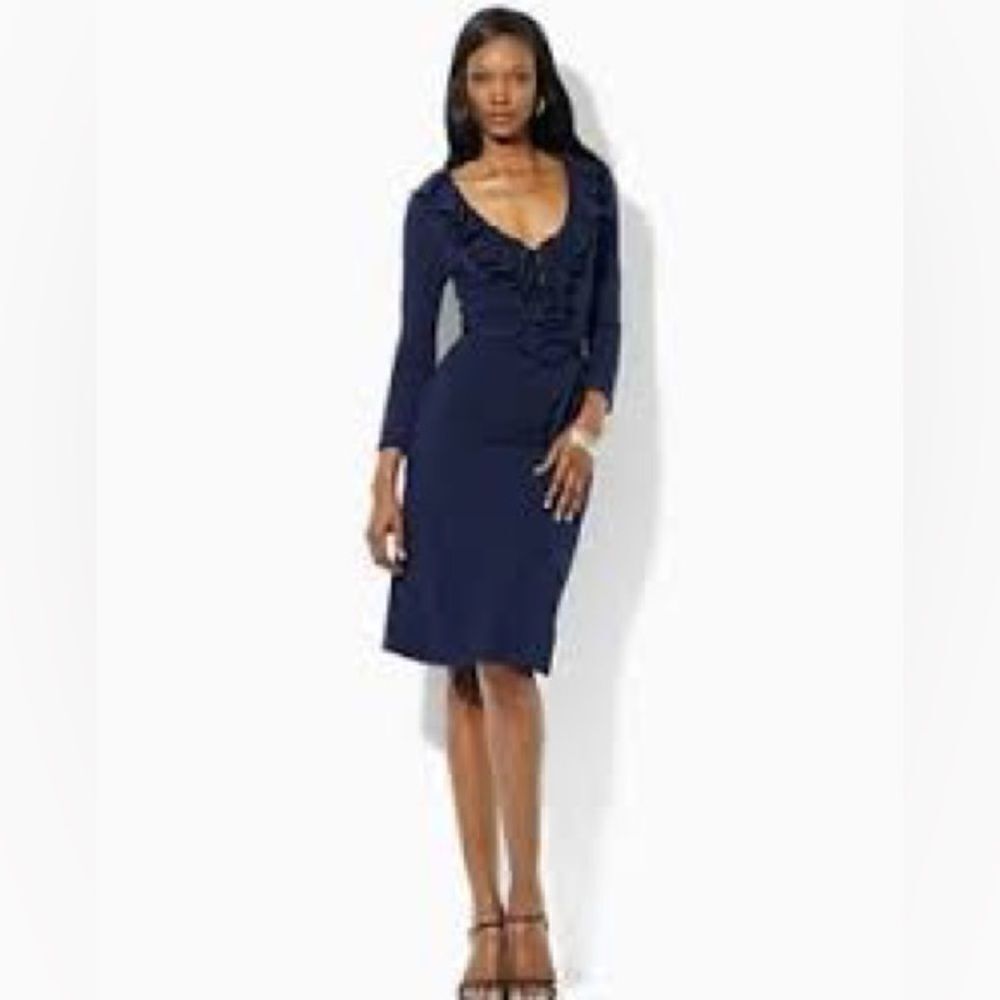 Ralph Lauren milly Ruffle frontDress size‎ L NWT CasuaL Navy BLUE v-neck a-line